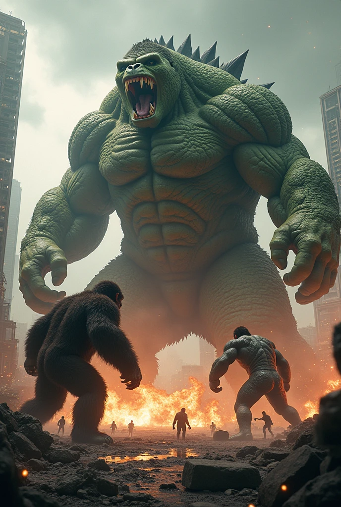 Godzilla and kong fighting in New York city and iron man watching
