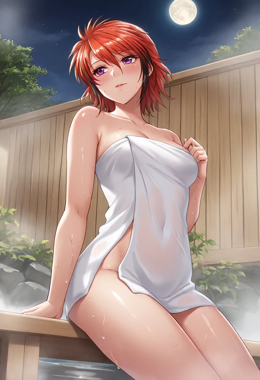 One Woman、After bath、Beautiful woman after bathing、naked、White panties、Cleavage、Sweat、Red Hair、long hair、Hair between the eyes、Blue Eyes、hang a towel around your neck、towel around neck、Nipples covered by a towel、Wet Hair、belly button、indoor、Upper Body、Drinking water from a glass cup、Watching the audience、△ Mouth、
