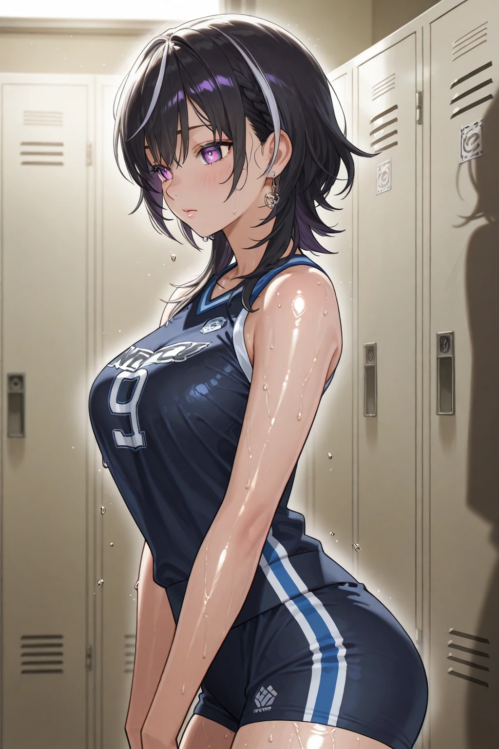 One girl,
indoor, locker room,
Short Bob Hair, Purple Hair, break,
Volleyball Uniforms,
Look down,View your viewers,from ,下from,Low angle shot,{{{下from:2.0}}},
Panties as a gift,
Tabletop, Highest quality, , Absurd, Perfect Skin, Detailed skin texture, Ultra-detailed, 8K, Intricate details, Beautifully detailed face,High resolution,
{{{Shadowed face}}}, mock, Laugh out loud, Smile, Open your mouth, Looking down at the viewer, masterpiece,Absurd, Beautifully detailed face