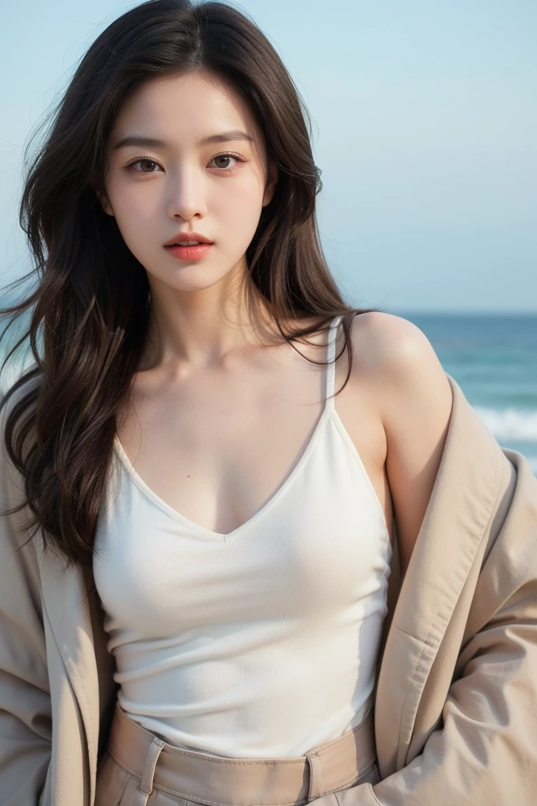 Beautiful woman on a beautiful sea background, Fluorescent light green see-through cardigan,