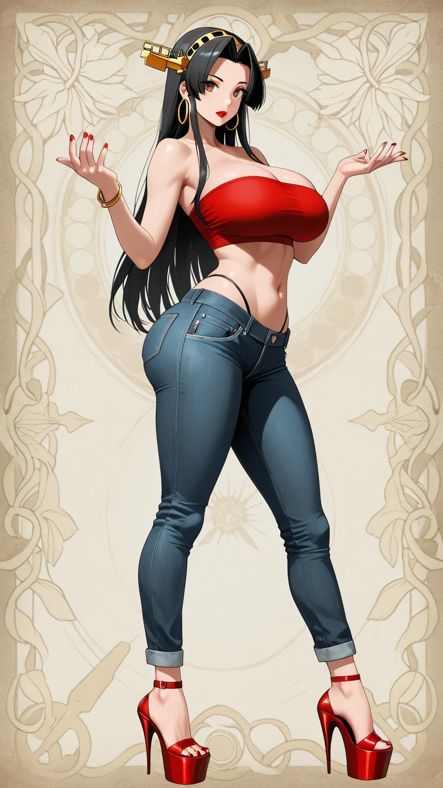 a cartoon picture of a woman in a bikini top and jeans, nami one piece, nami from one piece, nami, beautiful portrait of nami, from one piece, oppai, blue eyes, smoking, ponytail