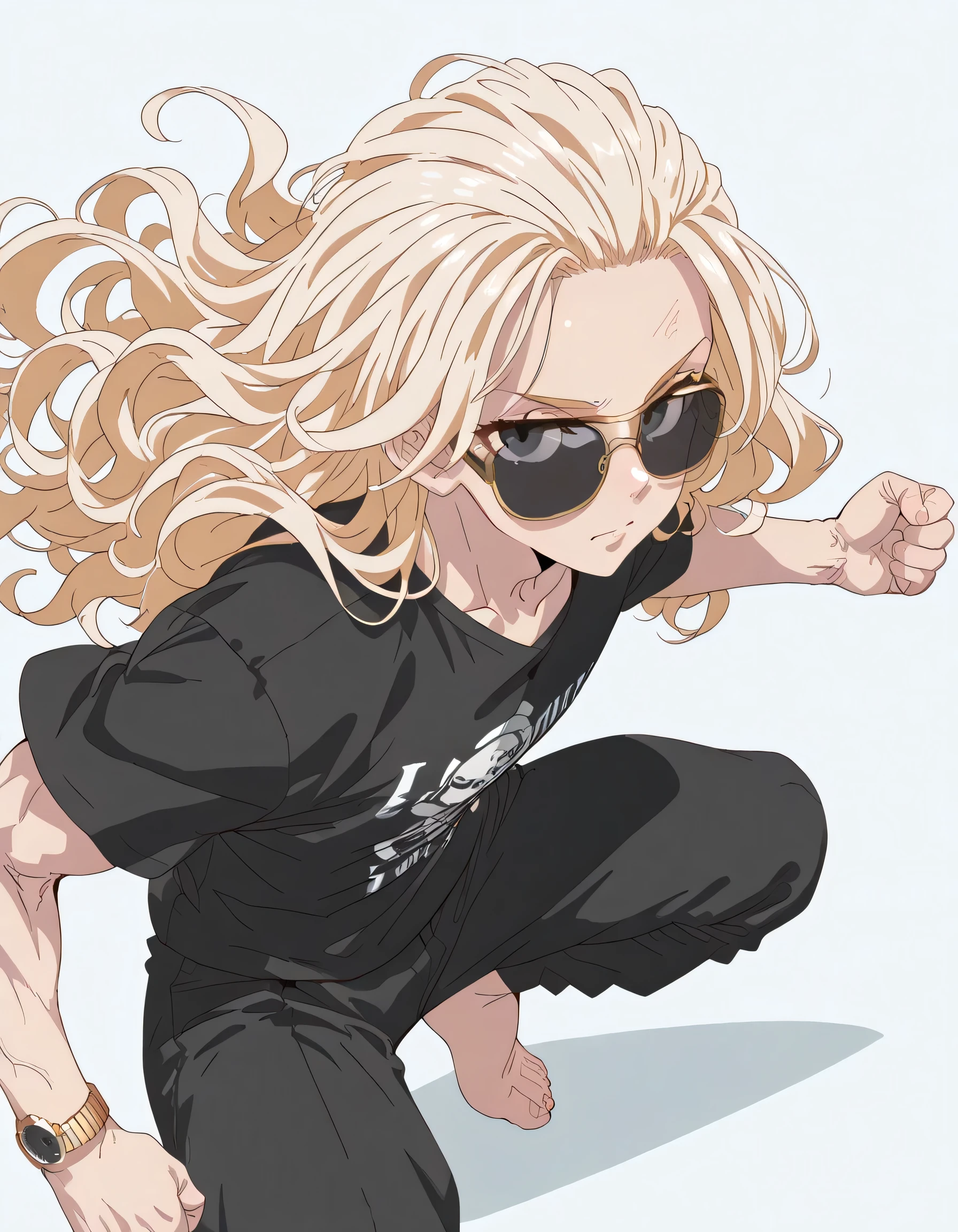 (dynamic anagle,dynamic pose),solo,looking at viewer,(upperbody),man,blonde wavy shoulder length hair,forehead,sunglasses,male's face,natural cosmetic,muscular body,tight black t-shirt,black skinny long pants,bare feet,soft lineart,flat color,memorial shot,luxury watches