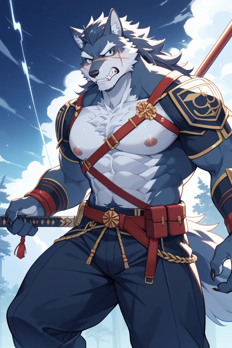 (morning), 1volibear, 独奏, 看着观众, winter, smile,肌肉男，beard,middle-aged，white fundoshi,((open)  kimono)，Chinese traditional clothes,close-up,sit down,stud earrings,nipple ring,sweat,drooling,blush sticker，wet