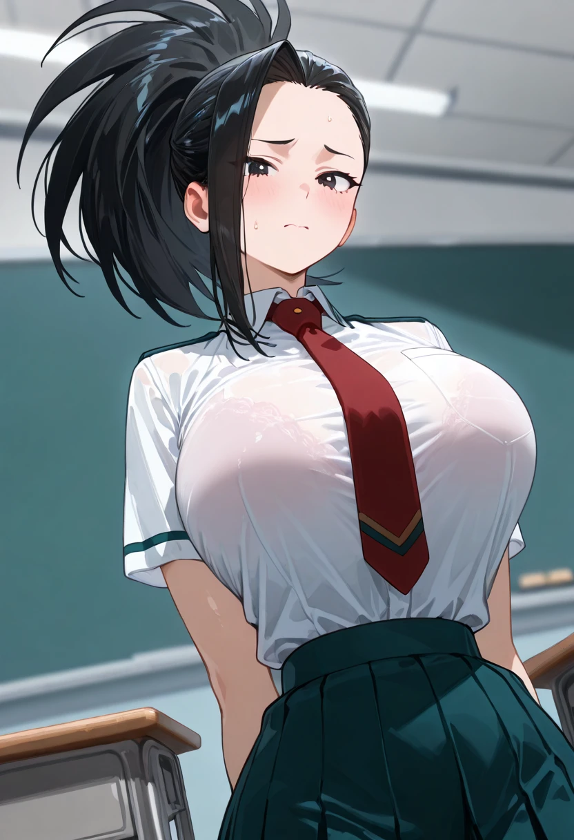 score_9, score_8_up, score_8, 1girl, my hero academia, my hero academia anime style, momo yaoyorozu, yaoyorozu momo, red necktie, white shirt, wet clothes, green pleated mini skirt, see through shirt, massive breasts, wide hips, taught shirt,raining, suburban side walk, overcast day, smile, waving to viewer, large breasts, nipples, wet skin, upper body ,score_7_up,score_6_up,masterpiece, ,cartoon