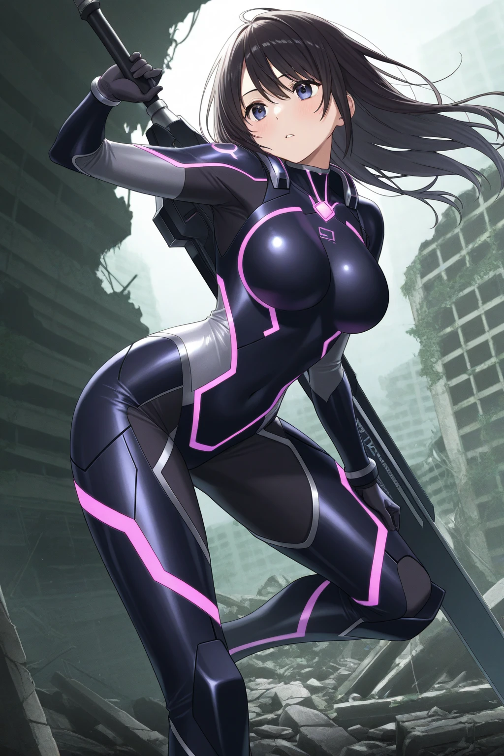 (masterpiece,best quality, detailed), 1girl, solo, outdoors, ruins,
mizuki yukikaze, hair ribbon, black bodysuit, fishnets, pauldrons, gauntlets, armored boots, <lora:MizukiYukikazeV1_1:1>, <lora:more_details:0.3>