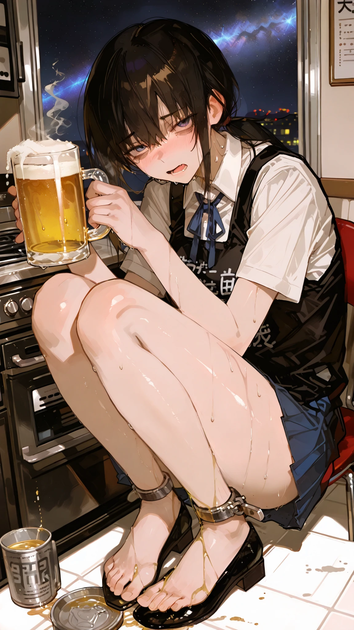 masterpiece, best quality, perfect face, perfect pussy, cute face, nsfw, sleeping, (spread pussy), excessive pussy juice, excessive cum on body, excessive cum on face, lie on concrete, night, dark alley, sleeping, shoes taken off, pantie taken off, clothes taken off, wear jacket, open mouth, out tongue, sweat, liquor bottles, liquor cans, barefeet, school uniform, blush