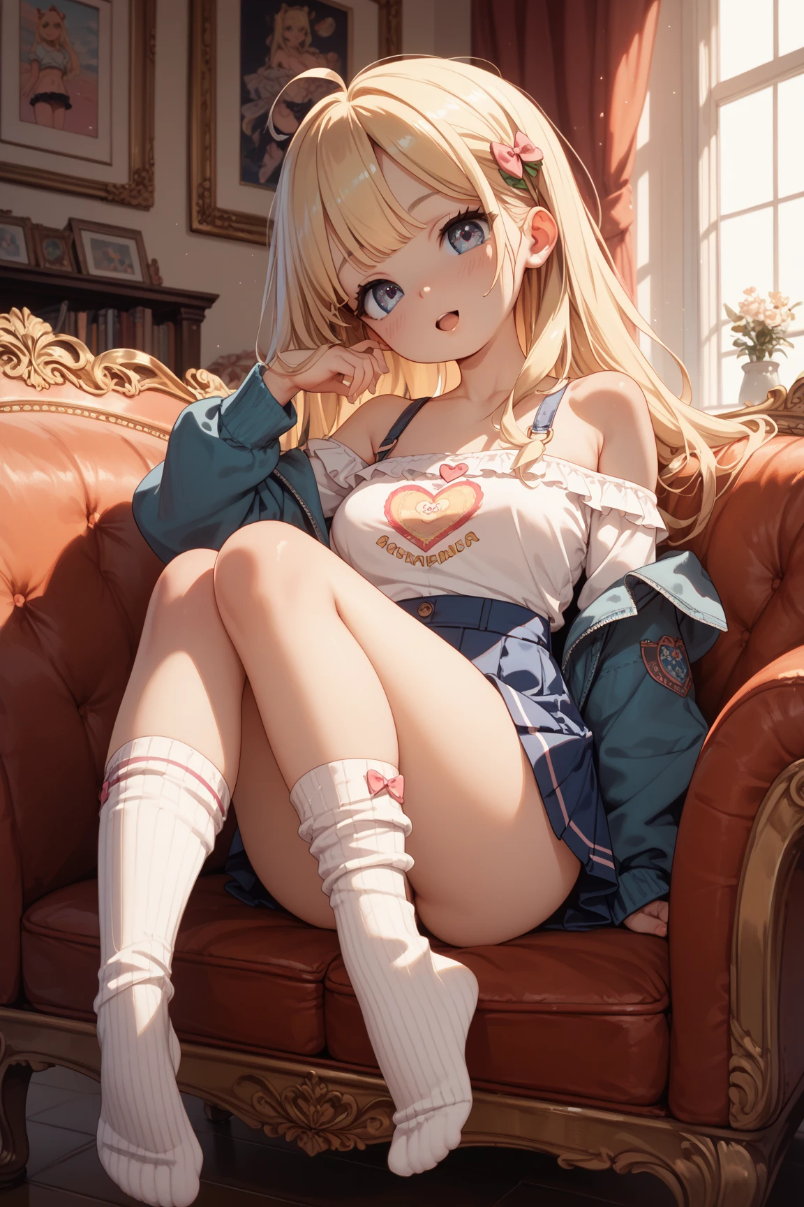 (Best high quality image, very detailed image, carefully detailed image, carefully detailed character, carfully detailed background, carefully detailed textures, character alone, cowboy-shot view)
{{((1character: 29 years old swedish blonde girl citizen), (blonde hair tied in two high-long-pigtails with pink ribbons, fair-pale skin, light blue eyes, thin lips, blonde eyebrows, absolute beauty, voluptuous feminine figure, beautiful arms, beautiful legs, big breasts, big butt, beautiful hips, happy simling face, sitting in the sofa, having peace and joy), (grey t-shirt, pink short skirt, pink shoes), (bedroom, morning, sunrays through the window, musical radio, green carpet, wooden floor))}}