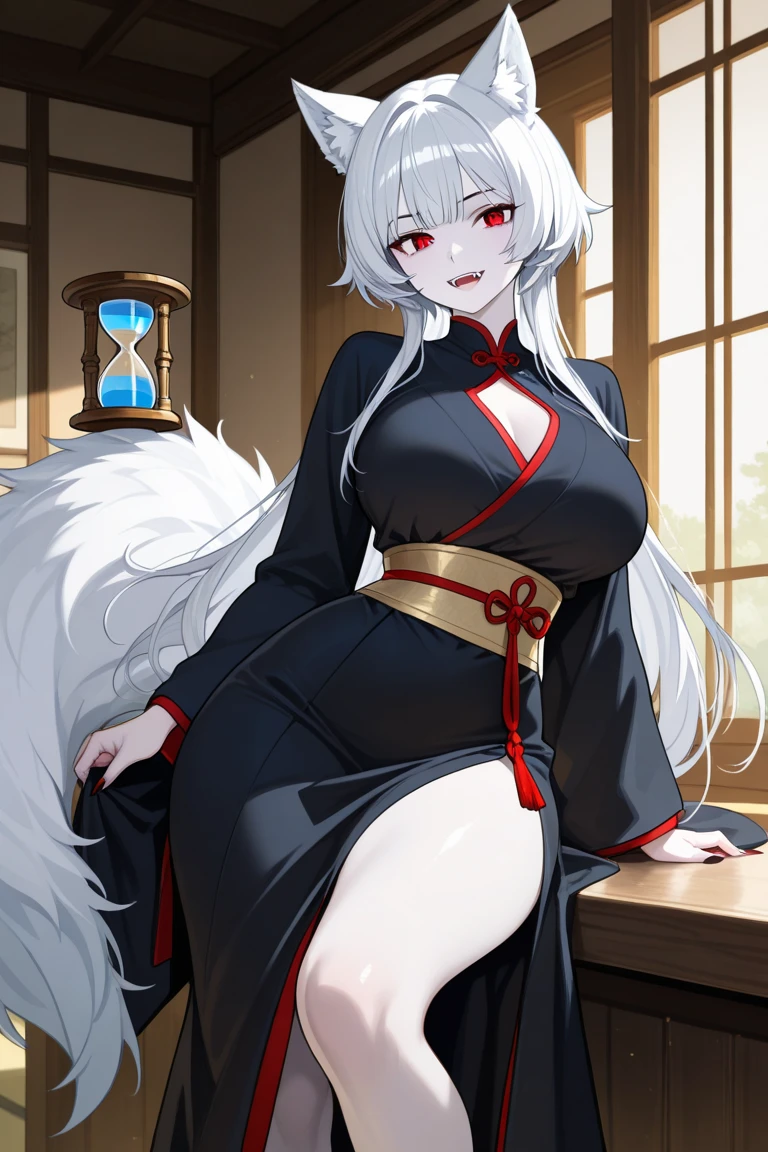 beautiful white neko, long white neko ears, white neko tail, anime style, purple eye, blue eye, big breasts, extremely detailed eyes and face, Wearing White and Black Open Shoulders Kimono, white long hair, heterochromia, wide waist, mature woman, black small beauty mark under right eye, full body