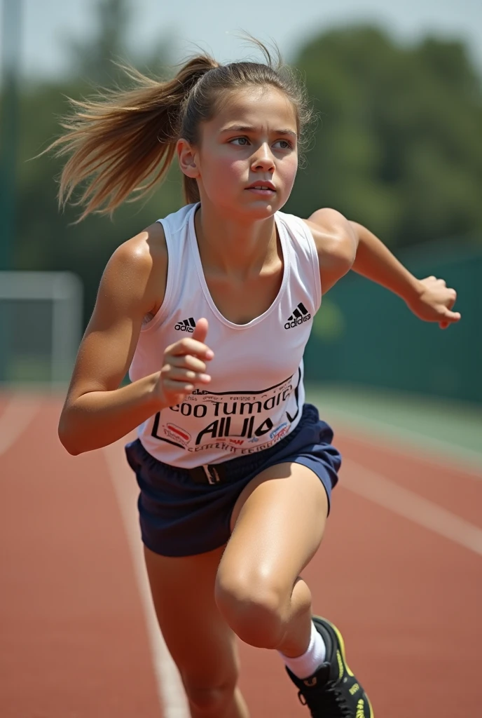 (girl, Twin Tails), A girl on the sports field, dressed in sportswear, with her ponytails swaying to the rhythm of her full sprint. She has a firm and determined expression on her face, and is sprinting with all her might. The background is the spectator stand of the sports stadium, full body, (Photography, Raw photo), panoramic view, award-winning, cinematic still, emotional, vignette, dynamic, vivid, (masterpiece, best quality, Professional, perfect composition, very aesthetic, absurdres, ultra-detailed, intricate details:1.3)