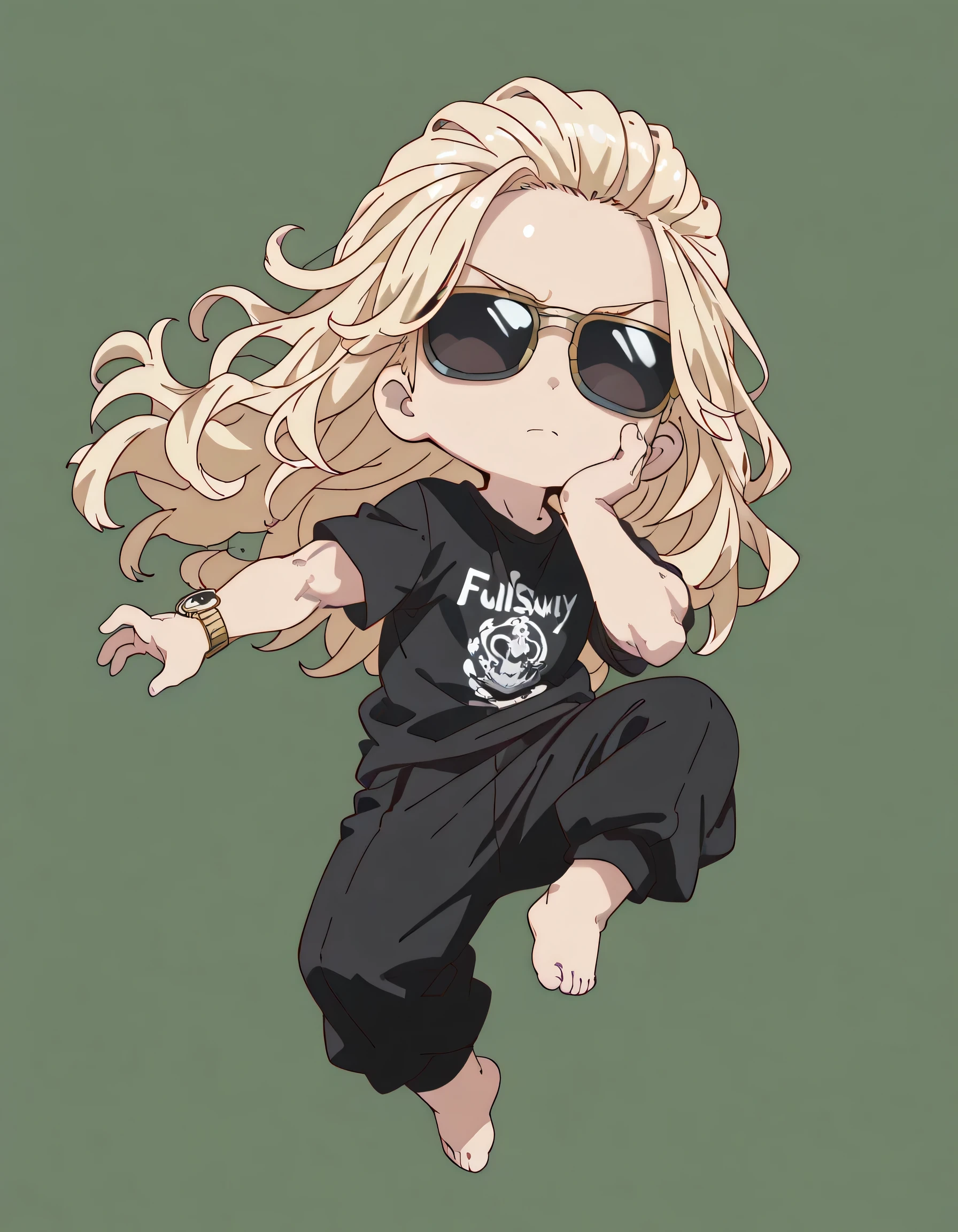 (chibi,fullbody),(dynamic anagle,dynamic pose),solo,looking at viewer,man,blonde wavy shoulder length hair,forehead,sunglasses,male's face,natural cosmetic,muscular body,tight black t-shirt,black skinny long pants,bare feet,soft lineart,flat color,memorial shot,luxury watches