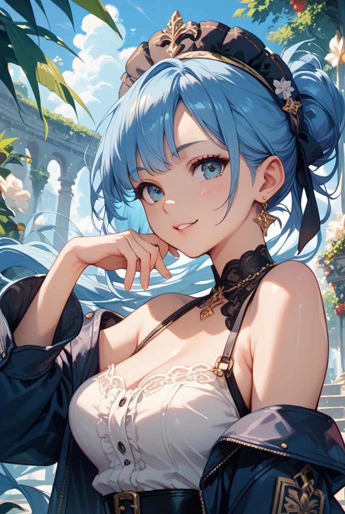 Masterpiece, beautiful art, professional artist, 8k, art style by sciamano240, very detailed face, very detailed hair, very detailed clothes, 1girl, perfectly drawn body, beautiful face, long hair, light blue hair , very detailed blue vertical cat eyes, square glasses, pouty lips , rosey cheeks, intricate details in eyes, extreme close up of face, see only head and neck, staring directly at viewer, summer clothes, necklace, choker, earrings, pencil skirt, black tigh boots, wedding ring, smiling, in love with the viewer expression, sunny summer setting, walking outside,