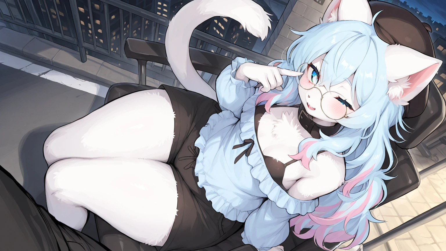 ((masterpiece)),((high resolution)),((best quality)),extremely fine and beautiful, super fine illustration, beautiful detailed girl, supple breasts, front view, facing at viewer, black hair, (drunk:1.4), (see-through:0.4), covered, hair covering breasts, ((black hair)), (very long hair), fox ears, blue eyes, profile, (white sweater, blue jeans), (((dark voluminous fox tail))), (medium-large breasts), (muscular thighs), (muscular:0.9), bright smile, movie lighting, perfect shadow, realistic lighting shaded, (sitting), medieval fantasy tavern scenery
