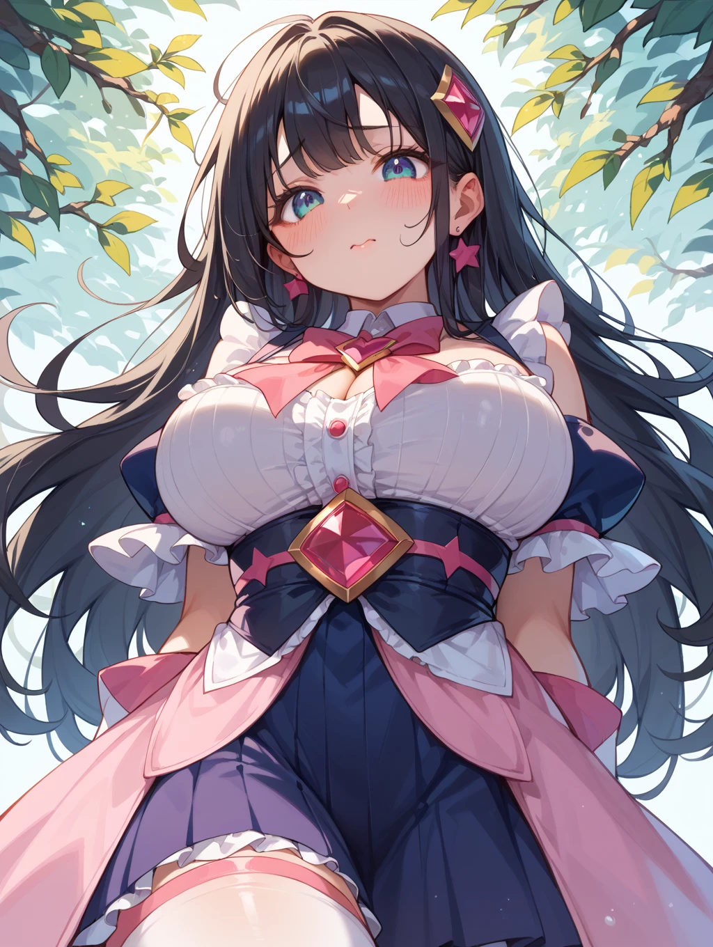 masterpiece, 1girl, huge breasts, black hair, braid, purple eyes, glasses, pink magical girl, magic, looking at viewer, smile, stand