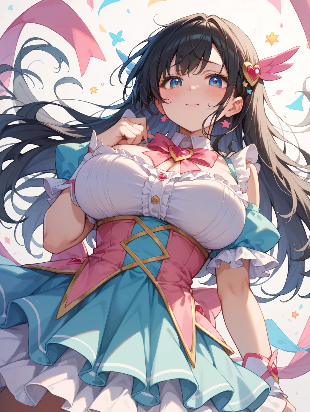 highest quality,wonderful,finely,extremely detailed CG Unity 8K wallpaper, (girls, cute eyes, (magical pink girl outfit,frill mini skirt:1.1), Black Hair, blue eyes, side ponytail, clothed), (sparkling eyes:1.2), (glamorous:1.1), (huge breasts), (cleavage), (open mouth:1.1), (long tongue:1.1), (black stockings:1.2),(Thighs:1.2)