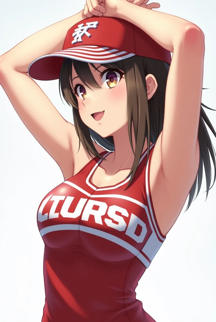 ((masterpiece, best quality)), cinematic lighting, 1girl, solo, <lora:TDGirl:0.9>, td girl, red hair, bun cover, double bun, short hair, ahoge, solo, white tennis uniform, single mechanical arm, large breasts, smile, outdoors, thighhighs
