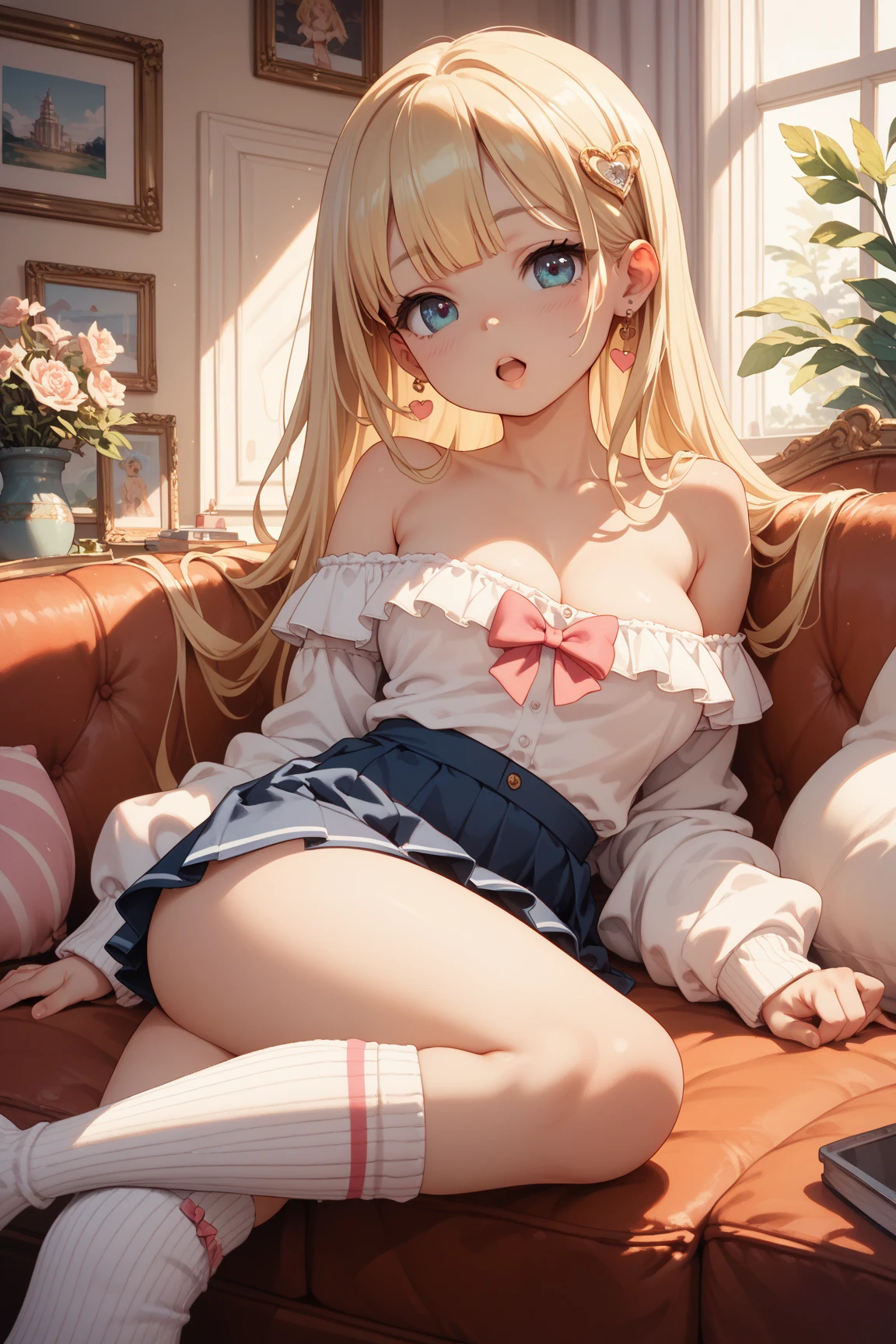Ahegao、Cumming face、Married woman、(legs up:、M-shaped leg opening 1.2)、Pink knitwear、short twintail hair、chest、nape of the neck、Ultra short mini skirt、Erotic、lure