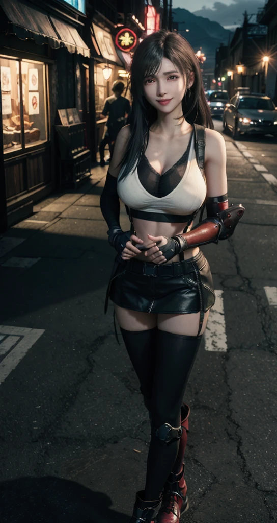 Eliza from Tekken, in a black bra and cleavage, with a blouse falling over her shoulders, a sexy black skirt, looking forward, looking angry, at night ruins in the background, purple fog and sinzas in the background