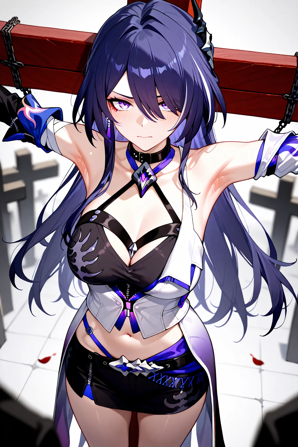 score_9, score_8_up, score_7_up, score_6_up, score_5_up, score_4_up, source_anime, 1girl,lora:raidenshogun1-000009:1>, raidenshogundef, upper body, big breasts, smile, worth, full body, wall, purple hair, long hair, blindfold, w-w-chain, shackles , raise arms, hairband, bikini, dungeon, best quality, best res, 4K UHD,