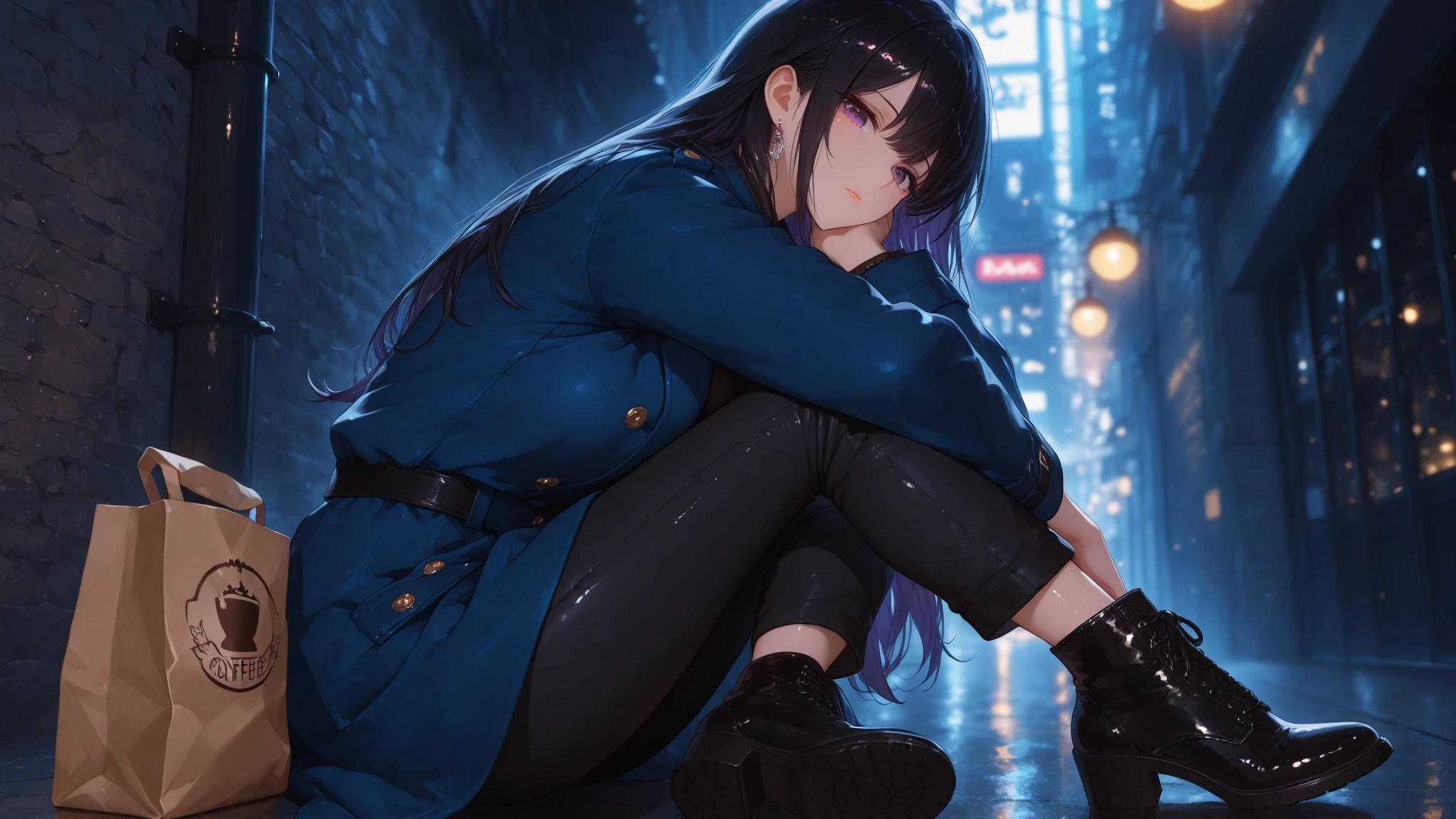 (masterpiece, highest quality:1.2), One girl,Blue pubic hair catches my eye、High resolution、highest quality、Illustration Style、pretty girl、Purple long hair、Sparkling Eyes、lipstick、Skeleton dress、rain、Rain,Wet Hair、Wet clothes、See-through underwear、Purple underwear、Pussy、Detailed、rainbow、purple theme、Flip up the skirt、squat、Look up to the sky、Look Up、Closed Mouth、Silent Woman