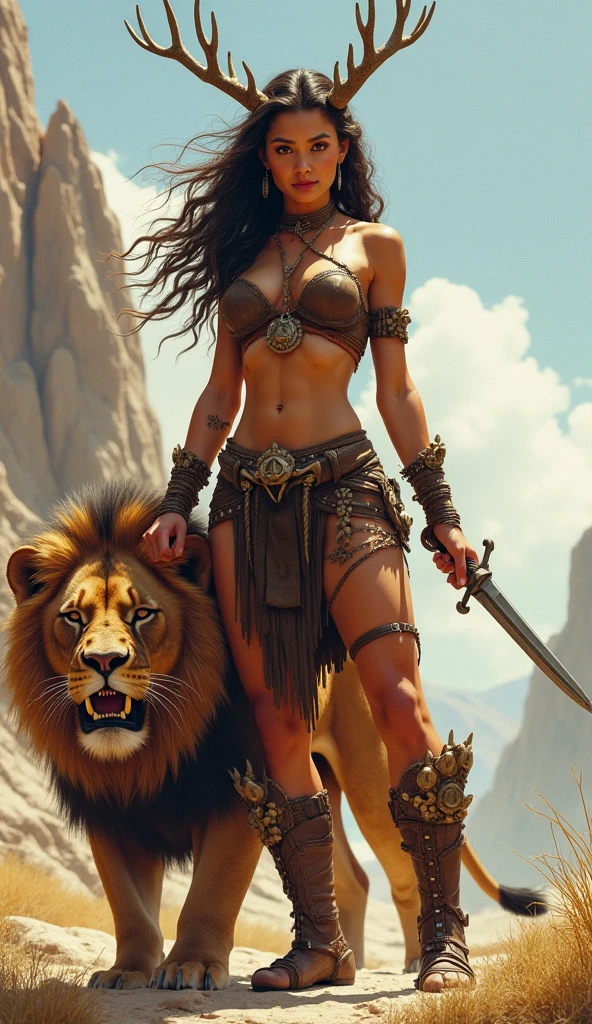 Big breasted woman in desert with trees and remains of old house fat sword in hand with lion behind her  