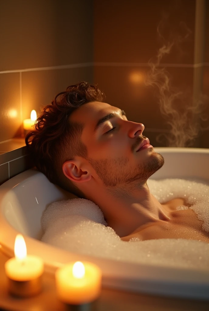 A handsome man with a big chest in a bathtub, candle lit bubble bath, big pecs, attractive male, sexy masculine, relaxing, handsome male, oppai, oppai proportions, cinematic lighting, high contrast, vivid colors, 8k, masterpiece