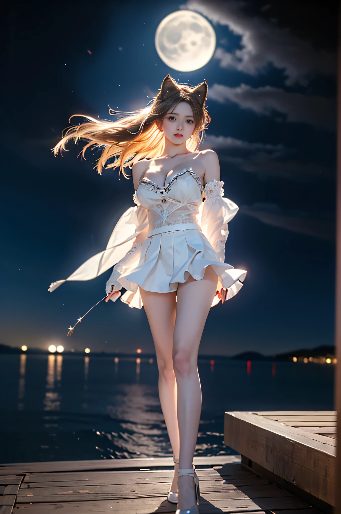 tamamocat,paw_gloves,paw_shoes,fox_tail,,((full body, from below)), (masterpiece, best quality, ultra-detailed, 8k), realistic, a beautiful sexy long-legged model ((Random scene)), ((Random posture)), (I-type Valley), (Full breasts, visible cleavage, very short skirt hem, exposed shoulders), (Tyndall Effect), (At night,:1.3 moonlight:1.3), seductive pose, perfect and symmetrical leg anatomy, soft natural lighting, (wind blowing gently:1.1), (ambient lighting:1.2), bokeh, cinematic shot, dynamic angle, professional photography, shallow depth of field, sharp focus, vibrant colors, (slightly tanned skin:1.1), (natural makeup:1.1), (delicate features:1.1)