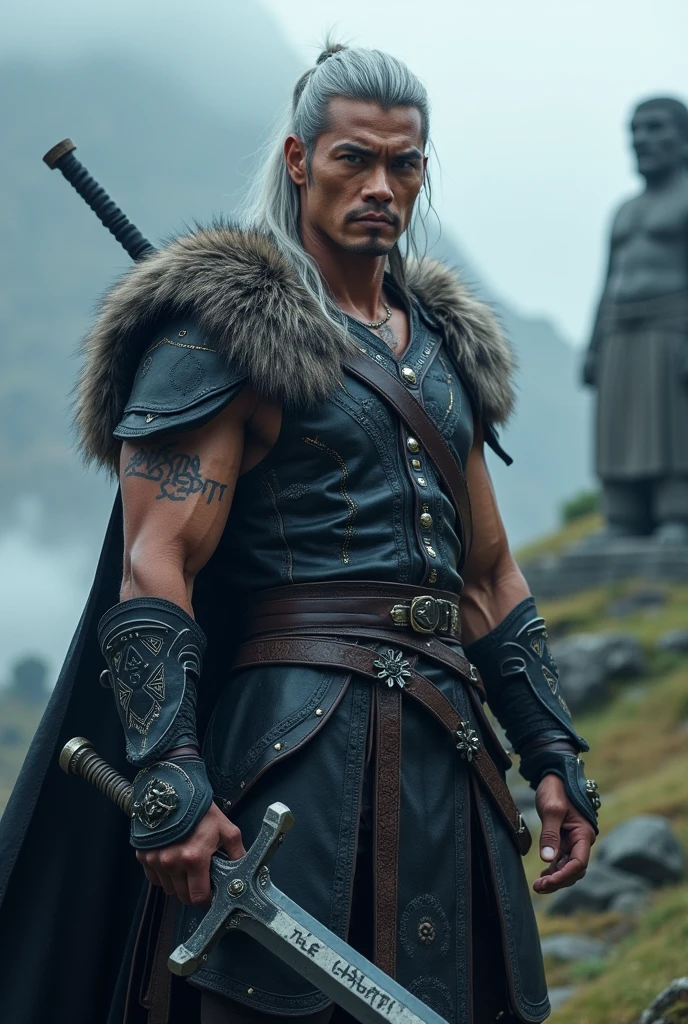 elf man, White hair, athletic body and dark clothes, carries a sword in his hand