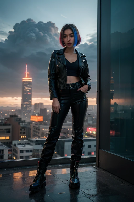 Full body shot,realistic RAW photo of a visually striking woman with a balanced composition in a night-time city setting.The woman needs to be in a squatting position,as seen from a low dynamic angle.She's dressed in a leather jacket and tights, and is wearing white socks with vibrant colored sneakers that have the badge "Mercedes" written on them.This hyper-realistic sketch should be highly detailed,with strong use of vivid colors to capture the unique ambiance of a night city.
