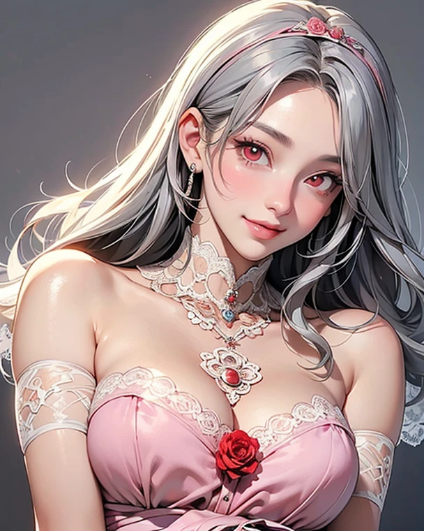 Silver hair, pink eyes, older woman, red and silver clothes, hair jewel ornament, cat ears, necklace, long hair, smiling face, upper body