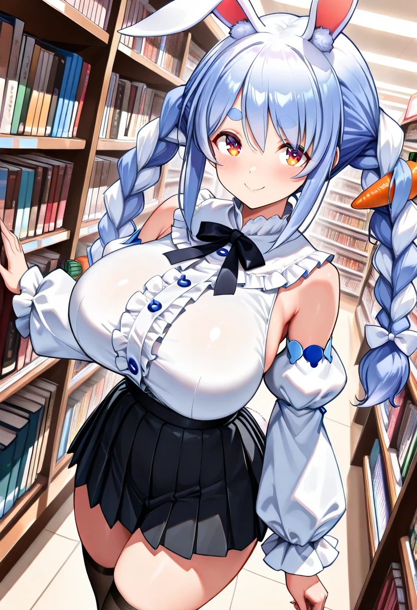 Plain white with breasts highlightedTshirt、Ultramarine and white striped mini skirt、White frilly cute underwear is visible when the skirt is lifted、barefoot、library、Three girls with different heightagical girl with a magic wand