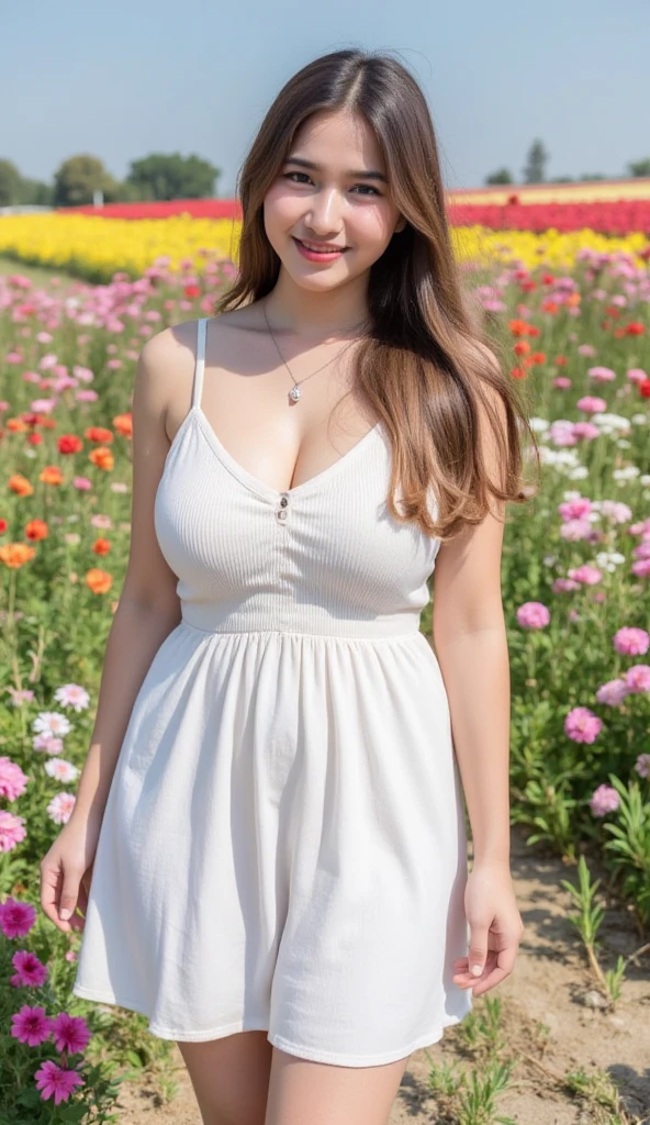 ((race queen)). focused face looking at the camera. Ukrainian women, (arms crossed), the breast cleavage is slightly open, body visible up to the thighs, stand up straight, (8k, best quality, masterpiece:1.2), (realistic, photo-realistic:1.37), ultra-detailed, (1girl:1.6),cute,beautiful detailed sky,(outdoors:1.4), stand straight, (nose blush),(smile:1.15),(closed mouth:1.2), breasts,beautiful detailed eyes,(full body:1.1),white lace, (long hair:1.2),floating hair NovaFrogStyle, facing viewer, looking at viewer, pleated_skirt, shirt, yellow_skirt,pink cheeks,detailed,naughty model. (Dress. Red, blue, black, yellow, Green).