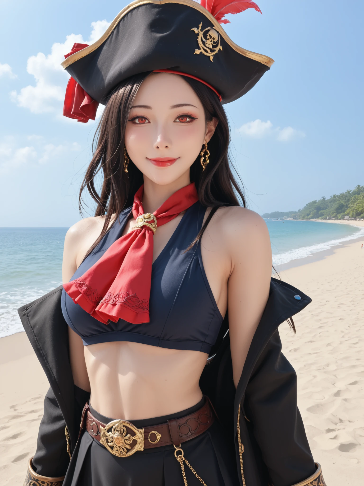 sleeveless,Show me your armpits,sweat,Rating_Safety, Intricate Details,  Royal Fortune, black hair, Tentacle Hair, long hair, Red Eyes, Black Pirate Hat, side boob, red ascot, red skirt, Bare Shoulders, big boobs, black jacket, black pantyhose, Thorn Pantyhose, cowboy shot, watching viewers, smile, Outdoors, beach