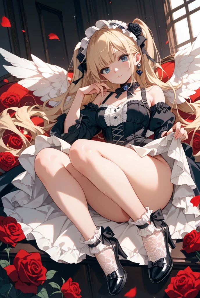 ((Highest quality)),(Ultra-high resolution),(Very detailed),(Detailed Description),((The best CG)),(A masterpiece),Ultra-detailed art,Amazing painting art,(Works with precise details:1.5), (1 female:1.6),(Beautiful and well-proportioned face:1.5),(Curly Hair:1.6),(Intricately detailed lace dress:1.8),Fine jewellery with exquisite detailing:1.5,Waist Accessories:1.5,Look at me and smile:1.5, See-through nipples, Angel Girl, (Magnificent white angel wings on his back:1.2), Mature Woman,Descended into the church,(Pastel colored hair:1.3),(Red and black long high heel boots:1.4), (garter belt), (stockings)、 (Floating in the sky with magical powers:1.2),(Floating skirt:1.5), (Embarrassed expression, blush:1.2),(bracelet),(heart choker)