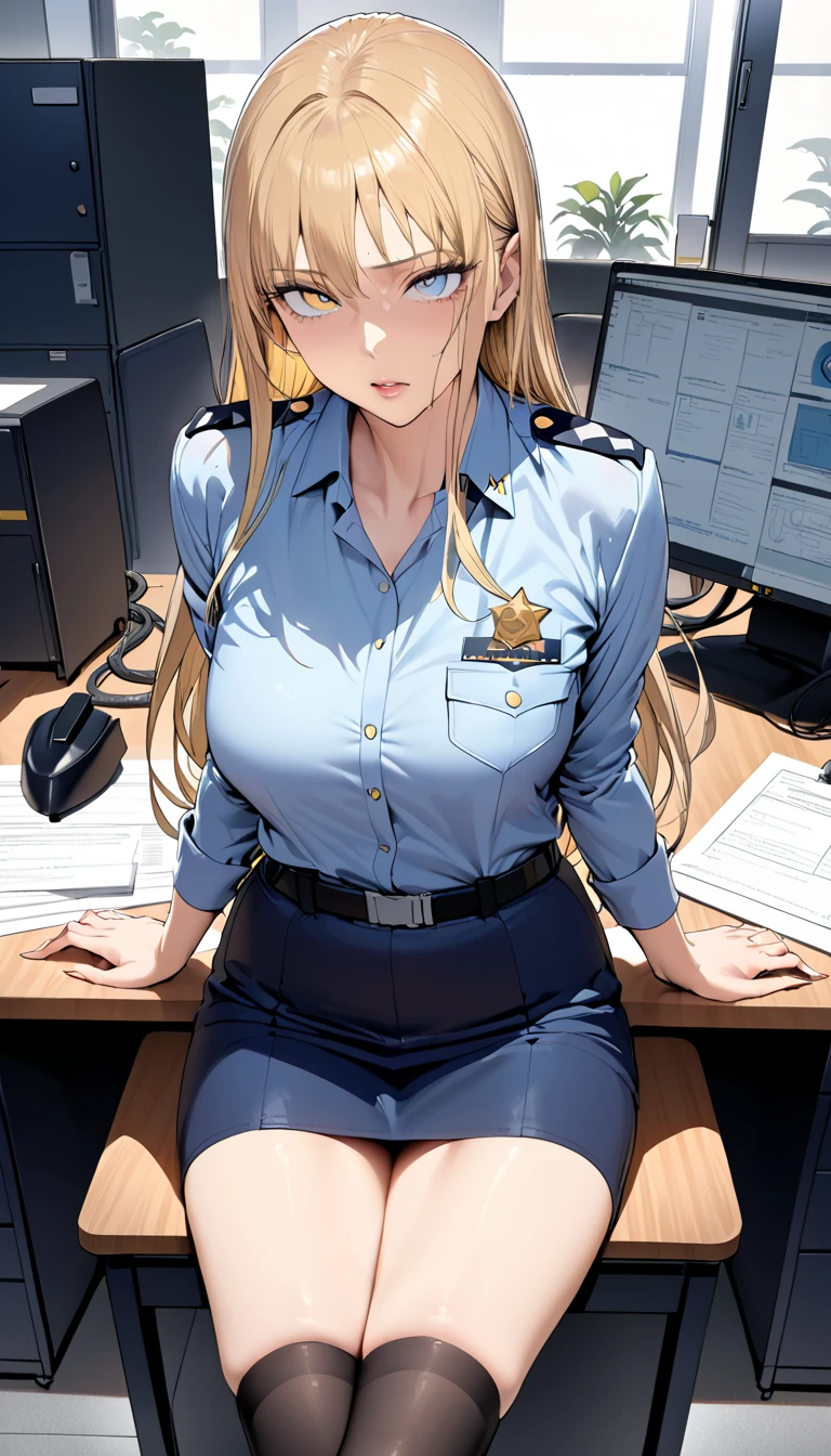 (harayutaka art style:0.7), score_9, score_8_up, score_7_up, score_6_up, uncensored, asuna yuuki from sword art online, orange hair, long hair, fold, orange eyes, BREAK (masterpiece:1.2), best quality, high resolution, (beautiful detailed eyes:1.3), perfect lighting, (perfect hands, perfect anatomy), hearts, pleasured, huge breasts, police, police uniform, uniform, 1girl, blue shirt, skirt, policewoman, sitting, cuffs, shirt, looking at viewer, necktie, breasts, blue skirt, handcuffs, blush, solo, short sleeves, pencil skirt, alternate costume, blue necktie, sweat, thighs, breast pocket, closed mouth, pocket, collared shirt, shirt tucked in, computer, holding, miniskirt, monitor, indoors, earrings, jewelry, phone, 