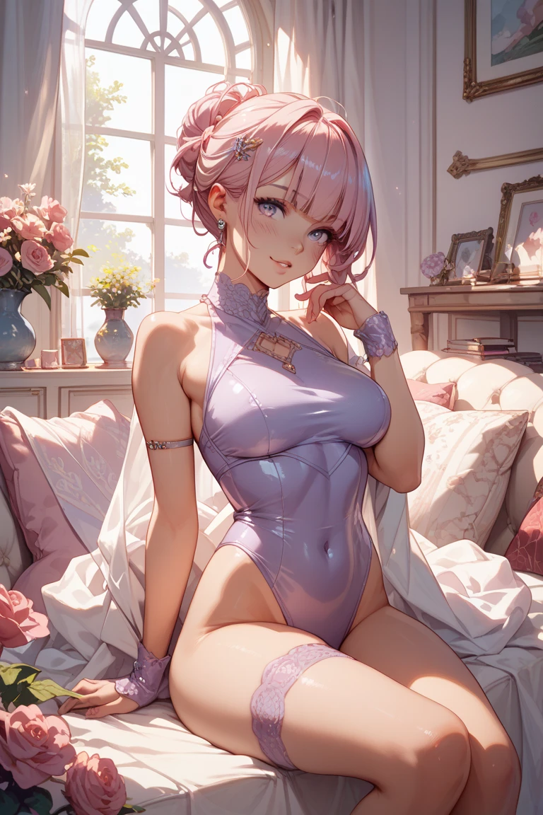 highest quality、complete limbs、full finger、one beautiful woman、beautiful big breasted woman、straight hair woman、Woman with pink hair、big smile、((pink one-piece school swimsuit:1.3))、sexy pose、Bedroom、bed、sit