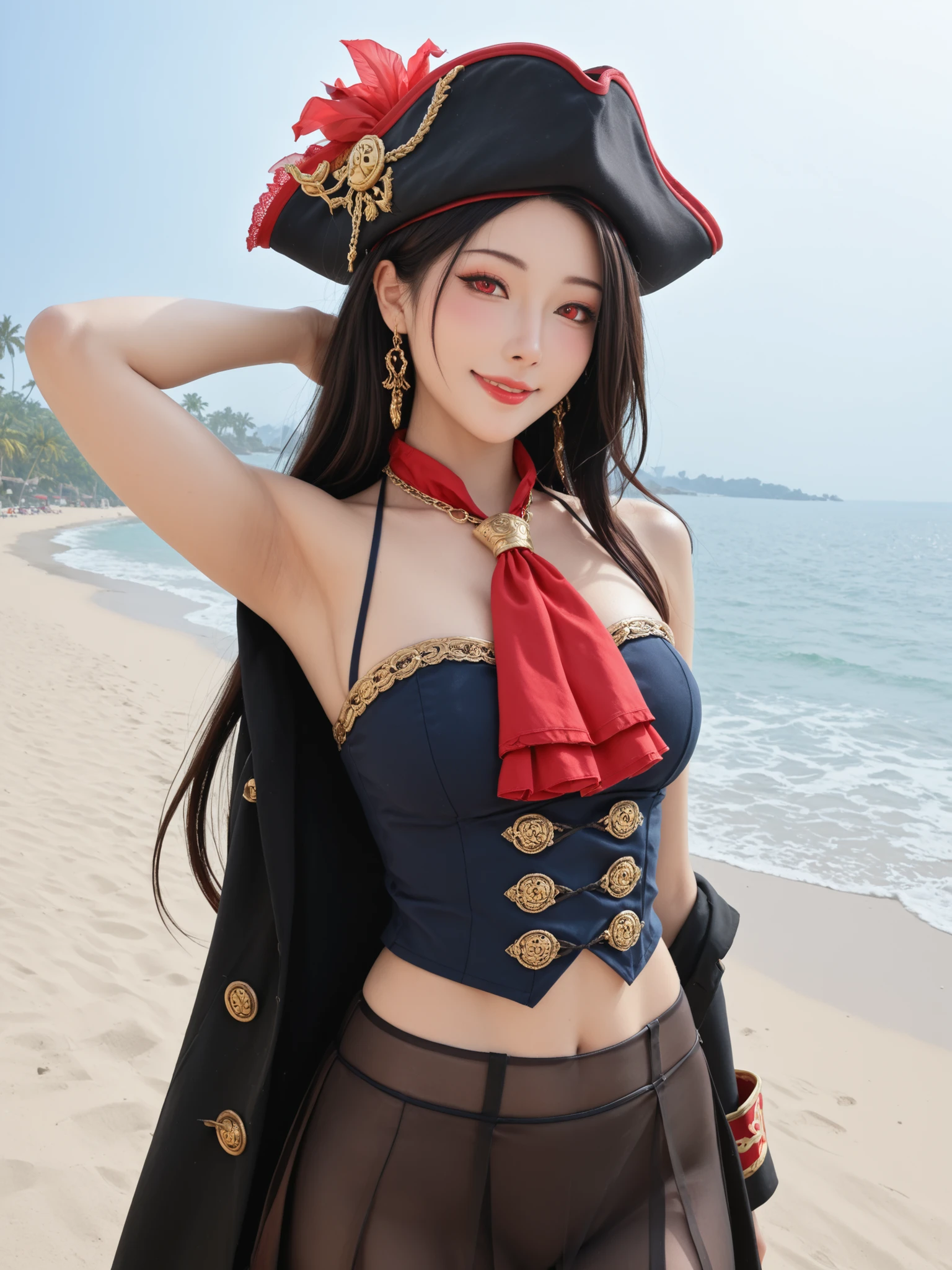  sleeveless,Show me your armpits,sweat,Rating_Safety, Intricate Details,  Royal Fortune, black hair, Tentacle Hair, long hair, Red Eyes, Black Pirate Hat, side boob, red ascot, red skirt, Bare Shoulders, big boobs, black jacket, black pantyhose, Thorn Pantyhose, cowboy shot, watching viewers, smile, Outdoors, beach