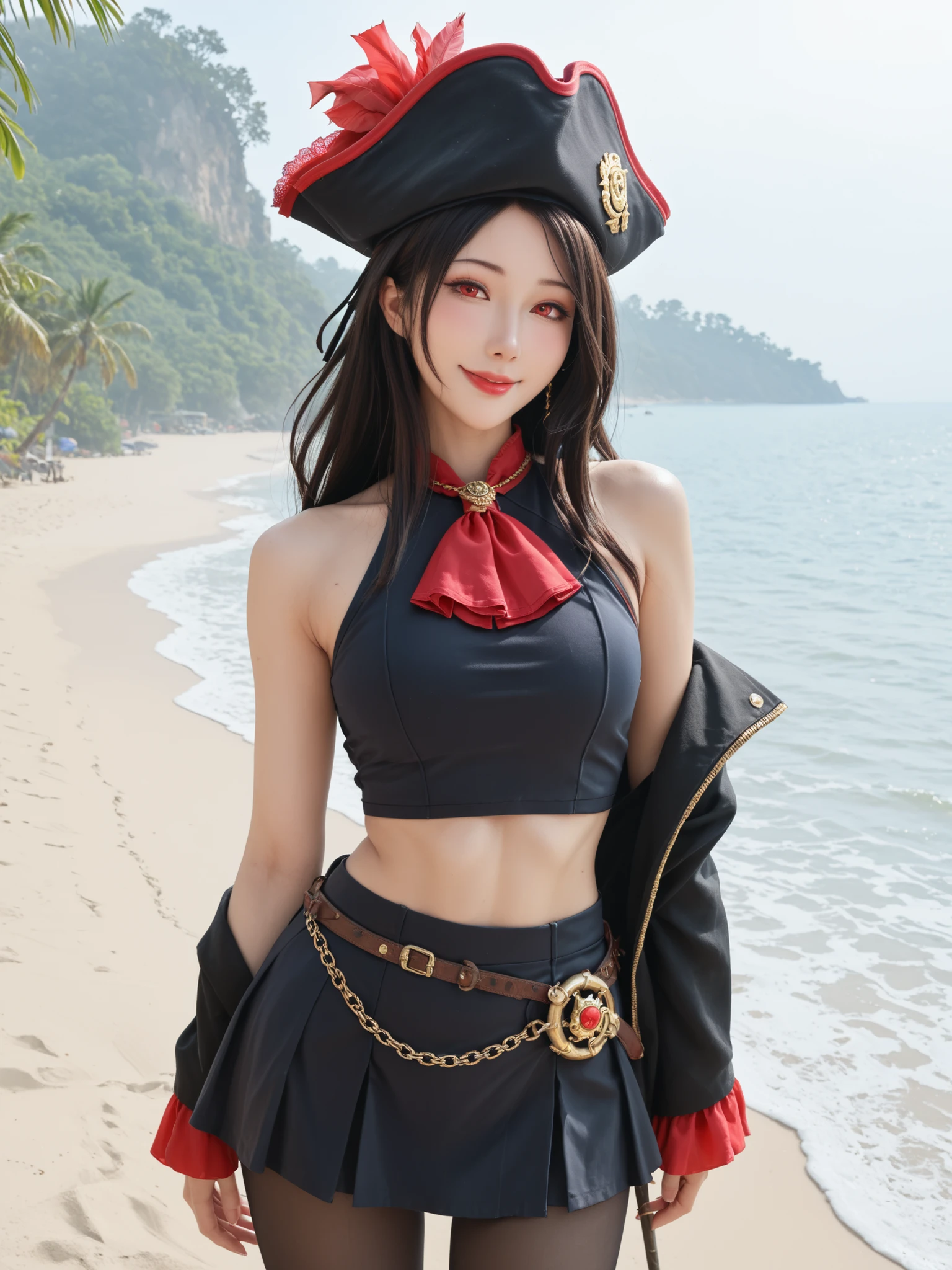  sleeveless,Show me your armpits,sweat,Rating_Safety, Intricate Details,  Royal Fortune, black hair, Tentacle Hair, long hair, Red Eyes, Black Pirate Hat, side boob, red ascot, red skirt, Bare Shoulders, big boobs, black jacket, black pantyhose, Thorn Pantyhose, cowboy shot, watching viewers, smile, Outdoors, beach