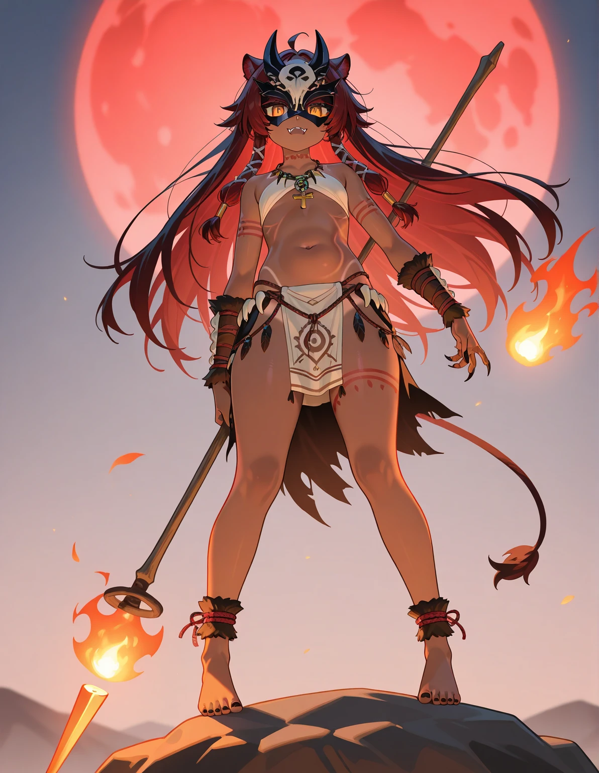 ((solo character, vibrant colors, masterpiece, best quality, full body, beautiful hands, sexy pose, arms above head, hands behind head, arched back)), slim anime girl standing on grass at sunset, ((forest background)), dark lighting, bones, blood, black hair, ((black hair, long and messy hair, long and messy bangs, red eyes, black skin, red horns)), black skin, open mouth, sharp teeth, angry expression, tusks, fangs, medium breasts, ((brown shawl, brown robe, long transparent sleeves over hands, exposed stomach, silver bellybutton piercing with jewels, orange pants)), torn clothing, wet skin, water on skin, multiple silver bracelets with jewels, multiple silver earrings with jewels, multiple silver hair ornaments with jewels, brown boots, ((silver bra with jewels))