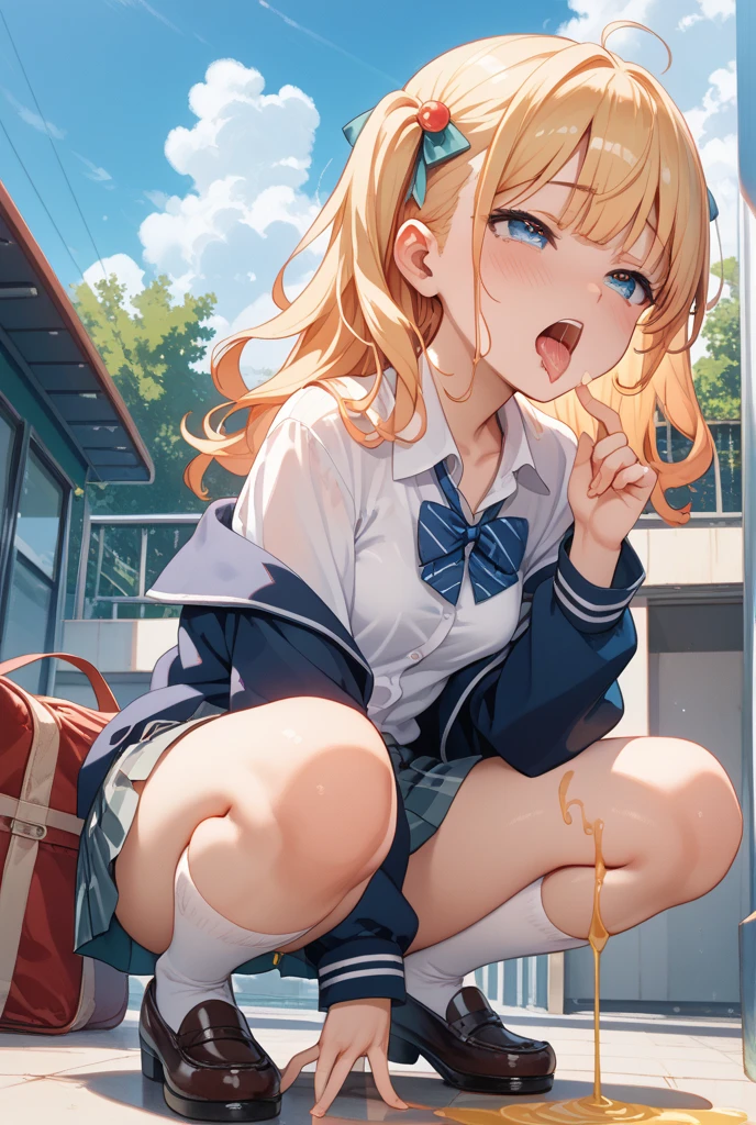 (((from front:1.3))),focus on panties,fine underwear,black panty,flat chest
,BREAK,
zetadef, braid, hair intakes, twintails, hairband, ,gyaru, collarbone, bow, loose bowtie, (((beige cardigun:1.1))), BREAK,(((white shirt))), collared shirt, long sleeves, bracelet, wrist scrunchie,blue skirt, pleated skirt,
clothes around waist,
,BREAK,
{{{troubled face:2.0}}}, troubled face,smile, open mouth, looking down at viewer
,BREAK,
,Squat,looking down at viewer,Squatting,
((masutepiece,hight resolution)), masutepiece, Best Quality, , absurderes, Perfect Skin, Detailed skin texture, ultra-detailliert, 8K, Intricate details, beautifull detailed face,hight resolution, 1girl ,from front.
indoors,locker room