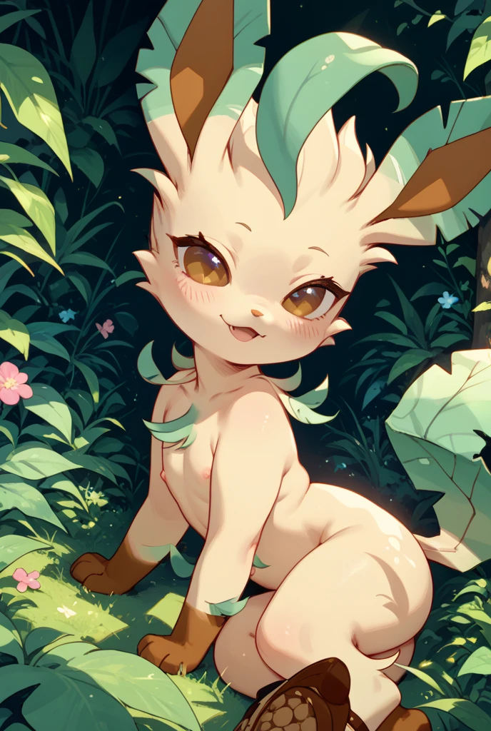 Highest quality, masterpiece, Ultra-high resolution, Fluffy fur overall, Bunny-like ears, tail, limbs are short, Anime Style, The hair tips are light green, Small enough to sit on an adult&#39;s shoulders, Sunlight filtering through the trees, Fantasy, in the forest, on the stump, Are standing, looking at the camera