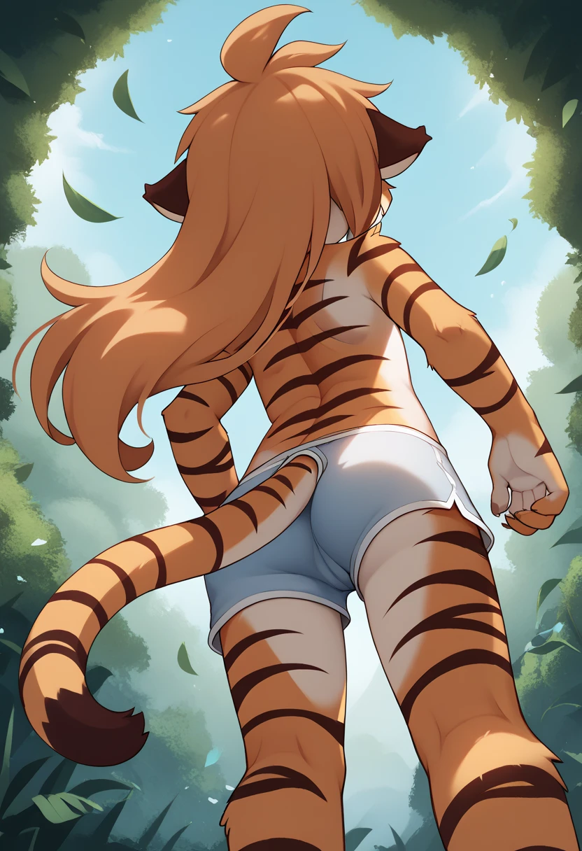one cute furry cat boy shota, naked, bent over, facing away, face out of view, butt, balls, long penis, forest