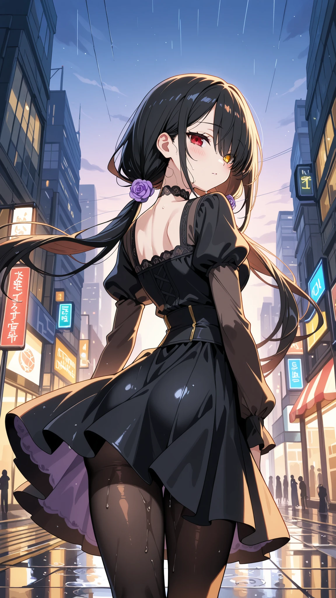BREAK (masterpiece:1.2), best quality, high resolution, unity 8k wallpaper, (illustration:0.8), (beautiful detrealistic modern city street at dusk, wet road after rain, puddles reflecting traffic lights and buildings, glowing shop signs, evening sky, cinematic soft lighting, high detail, photorealism, ultra HD,kurumi tokisaki casual, long hair, black hair, red eyes,yellow eyes,heterochromia, long sleeves,sexy dress,cleavege, hair over one eye, black dress, black pantyhose, puffy sleeves, choker, collarbone, skirt, black skirt, flowers, hair flowers, purple flowers, twintails, low twintails,raised hips,blush, seductive expression,floating hair,looking at viewer,cowboy shot,floating skirt,arched back,wide-angel,from behind,from below,