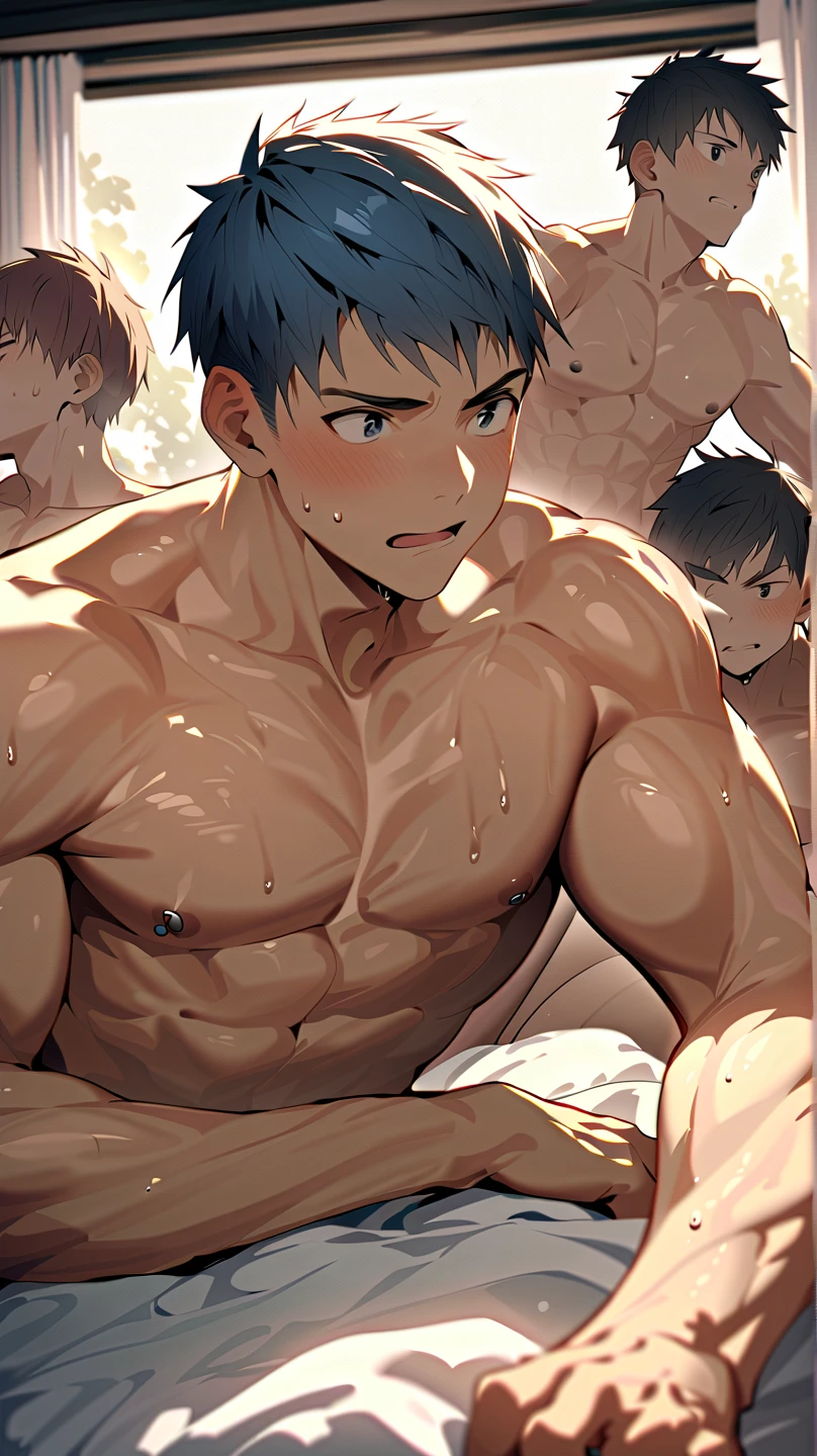 high quality, (japanese 15 years old boys fucks japanese 15 years old boy:1.5), (detailed eyes), (black bob hair), (muscle:1.5), naked,(shiny skin), (detailed puffy nipples:1.1), (orgasm:1.5),(small chest),(boy's face:1.2),(cum on faces:1.5), penises,