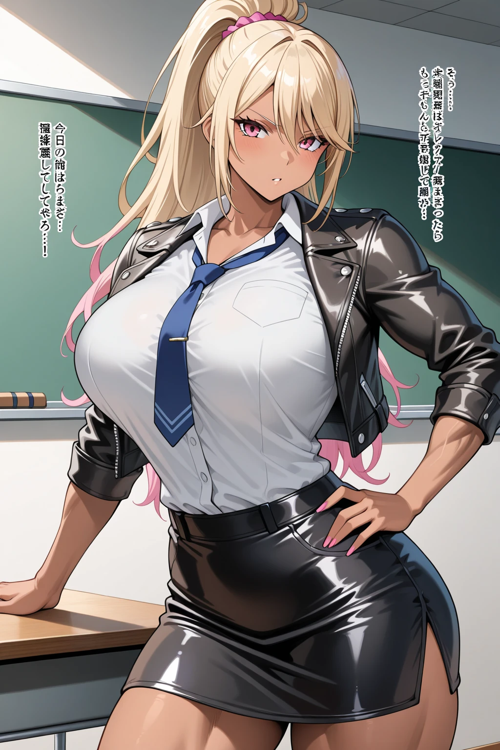 Hot teacher in black high heels, black miniskirt and a white unbuttoned shirt leans forward on school desk so you can see her tits and nipples. She has blonde hair and black glasses. She holds a black dildo in one hand