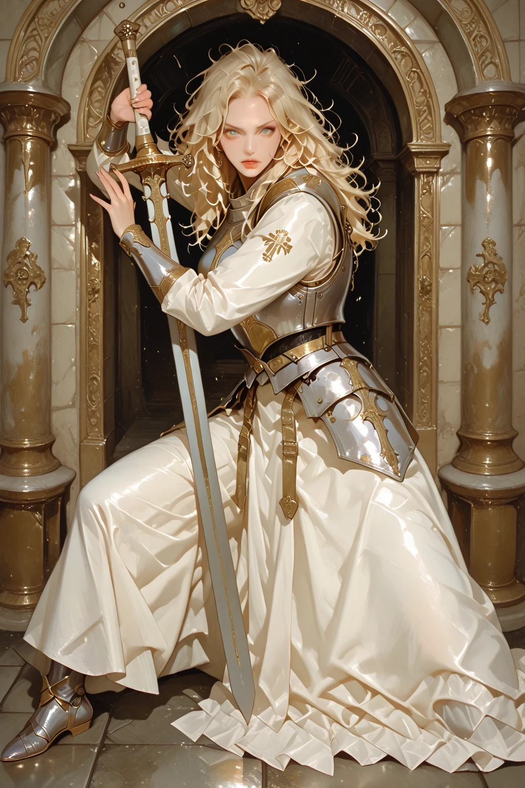 She-Ra and the winged tiara，She was wearing a short white dress decorated with metallic patterns，And a red cape，Golden boots，and long golden wrist guards that extend from the elbow to the wrist。Long blond hair，blue eyes and red lips。 She carries a sword，Crystal inlaid in the middle