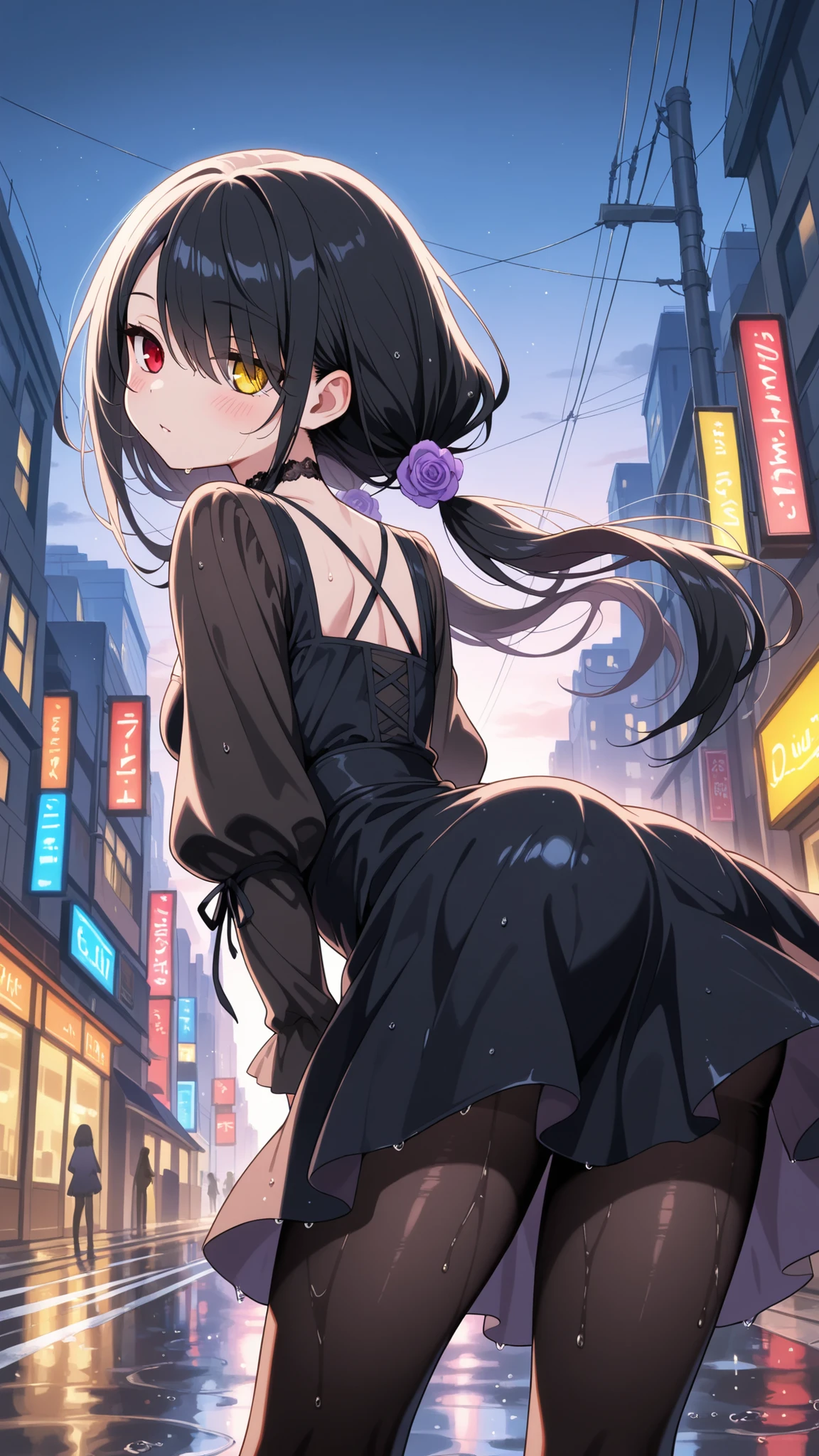 BREAK (masterpiece:1.2), best quality, high resolution, unity 8k wallpaper, (illustration:0.8), (beautiful detrealistic modern city street at dusk, wet road after rain, puddles reflecting traffic lights and buildings, glowing shop signs, evening sky, cinematic soft lighting, high detail, photorealism, ultra HD,kurumi tokisaki casual, long hair, black hair, red eyes,yellow eyes,heterochromia, long sleeves,sexy dress,cleavege, hair over one eye, black dress, black pantyhose, puffy sleeves, choker, collarbone, skirt, black skirt, flowers, hair flowers, purple flowers, twintails, low twintails,raised hips,blush, seductive expression,floating hair,looking at viewer,cowboy shot,floating skirt,arched back,wide-angel,from behind,from below,bent over,
