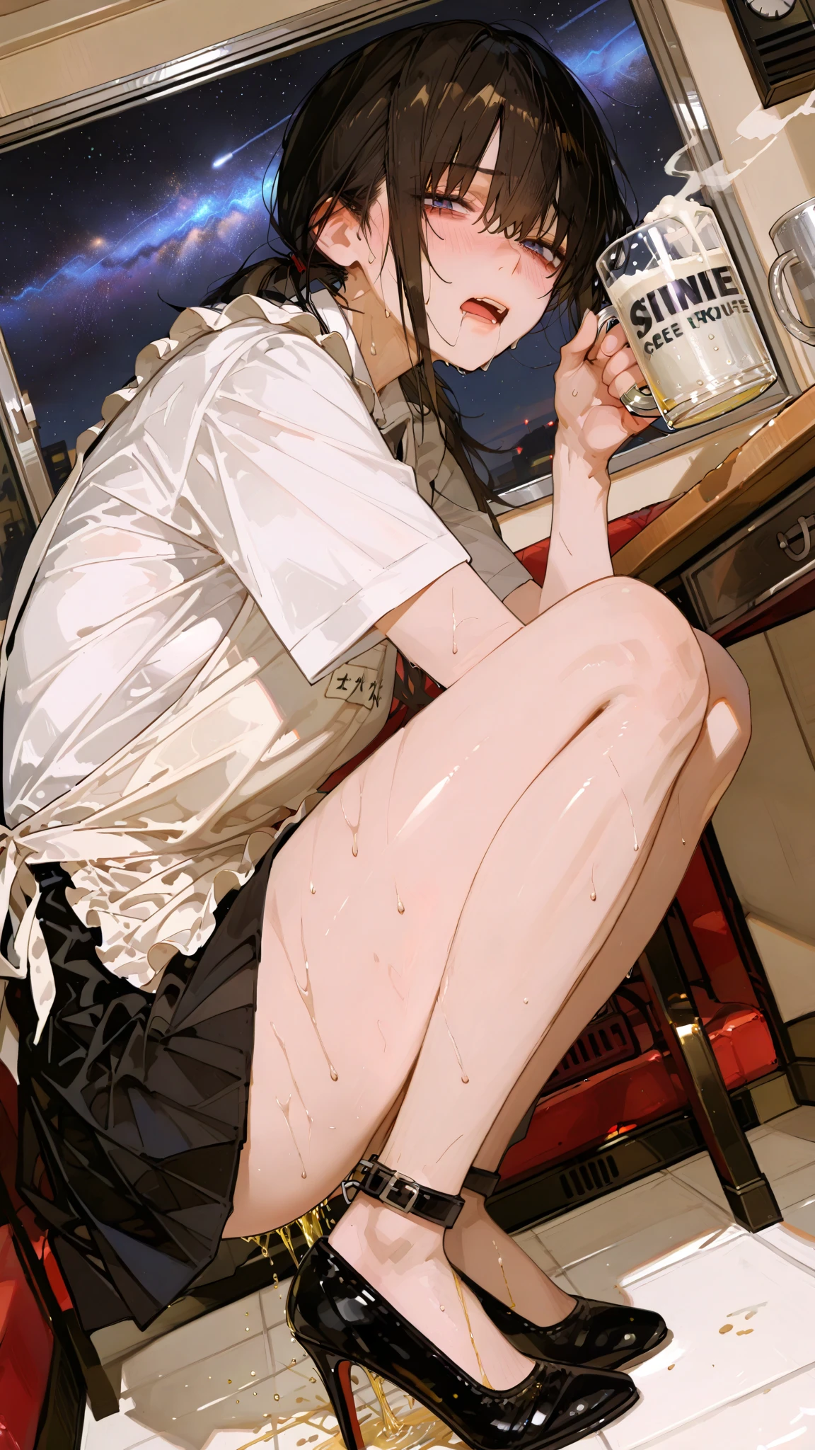 Detailed image, high quality, boy, lyney, cute, cafe, Cafe staff, ((Completely naked)), Dressed, sole boy, up focus, Lower body only, nsfw, ((small penis)), sitting, table on body, (up focus), Leg spread, up legs, anal,