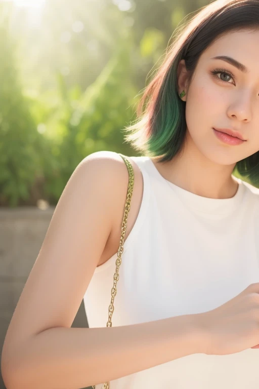 1girls, Nur, green Hair , 24 years old , In the whey field next to a horse, wearing denim overalls and a white t-shirt without front pockets, with piercing eyes and flawless skin, her hair should be short, at shoulder length, just above her shoulder, the ends of her hair will be green, especially green, extremely flawless and realistic,Best Quality, 8K, Masterpiece:1.3)), Focus: 1.2, Perfect Body Beauty: 1.4, Hips: 1.2, ,  High Detail Facial and Skin Texture, Thin Eyes, Double Eyelids, , Smile, 