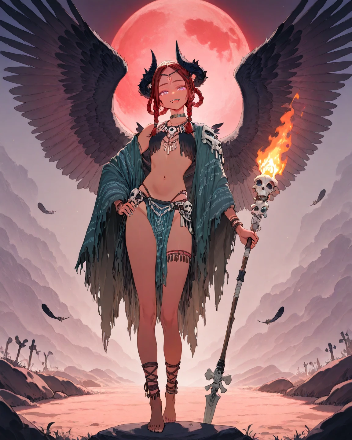 Masterpiece, Ultra extremely detailed, Insanely Definition - quality, 8k, (vibrant colors,vibrant theme), (intricate), full body , NSFW A volcano , devil ,sit in fire, tattoo covering whole body , black skin ,horns on head,Big tail,Detailed details,Curvy physique,compelety naked,bare leg, puffy nipple ,eductive,Obscene expressions,tongue out