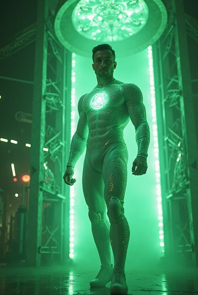 Green Lantern by DC Comics, In the fortress of solitude, Parece legal, (ultra realisticlustration), (high resolution), (8k), (Very detailed), (best illustration), (best quality), (ultra detalhado), (master part), solo, (dinamismo), Dark Studio, traje azul com bandeira do brasil , latex , full length shot , huge bulge , angle from bottom, nsfw ,   sexy , eroticism , super tight bodysuit  , ((bare thighs)) , high waisted bodysuit ,  ((bare buttocks)) , sexy , exposed , torn outfit , puffy nipples , masculine boy ， phat hips , wide hips , wide pelvis , Big butt ，Wide pelvis , thick thighs